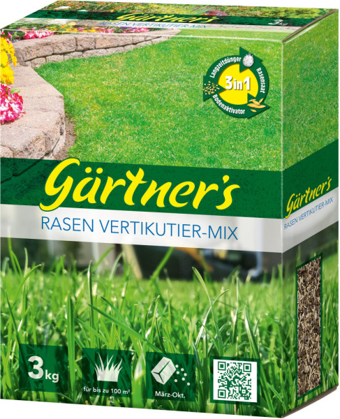 Produktbild des Gaertners Rasen Vertikutier-Mix in einer 3kg Streukarton Verpackung mit Hinweisen zur Anwendung und QR-Code.
