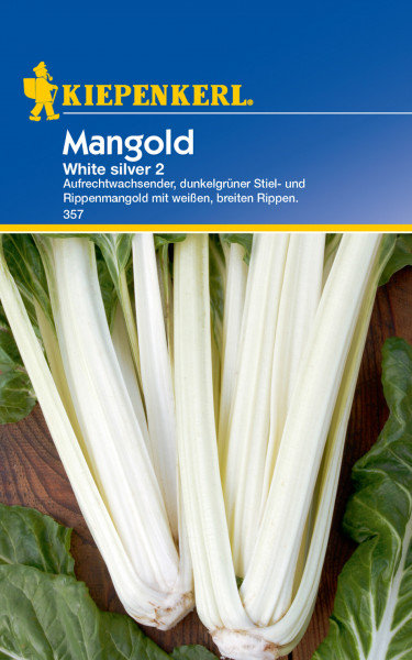 Produktbild von Kiepenkerl Mangold White Silver 2 mit Darstellung der Mangoldpflanze mit dunkelgrünen Blättern und weißen breiten Stielen und Produktbezeichnung sowie Beschreibung auf Deutsch.