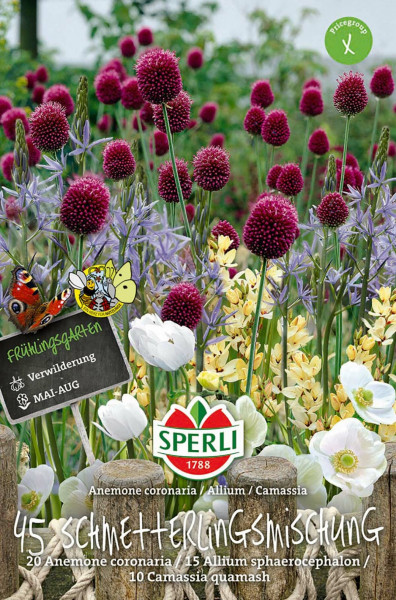 Produktbild von Sperli Fruehlingsgarten Schmetterlingsmischung mit Blumen und einem Schmetterling sowie Produktinformationen und Pflanzanleitung auf Deutsch.