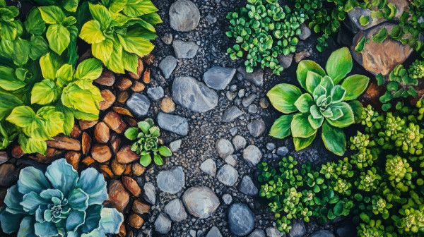 large-semi-realistic-painting-of-garden-path-with-succulents-rocks-and-greenery
