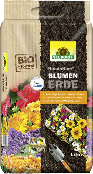 Produktbild von Neudorff NeudoHum BlumenErde 3l mit torffreiem Hinweis und verschiedenen blühenden Pflanzen sowie einem NABU-Siegel.
