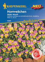 Produktbild von Kiepenkerl Hornveilchen Helen Mount Samenpackung mit der Bezeichnung NEU und ProfiLine, abgebildeten violetten und gelben Blumen und...