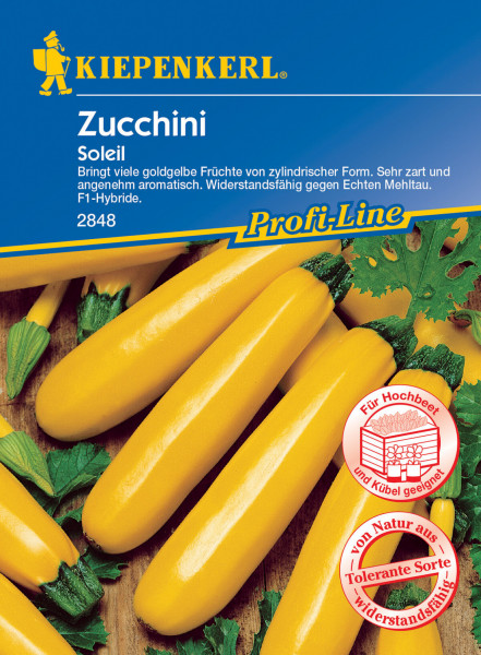 Produktbild von Kiepenkerl Zucchini Soleil F1 Saatgutverpackung mit Darstellung gelber Zucchini-Früchte und Beschreibung der Sorteneigenschaften in deutscher Sprache.