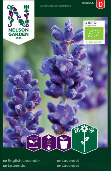 Produktbild von Nelson Garden BIO Lavendel mit Nahaufnahme der Lavendelblüten und Informationen zur Pflanze sowie Bio-Siegel.