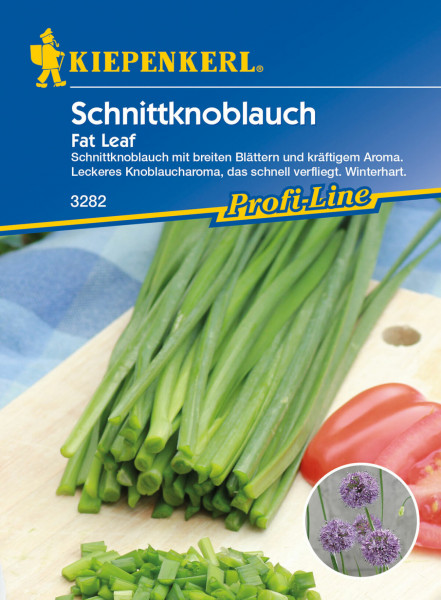 Produktbild von Kiepenkerl Schnittknoblauch Fat Leaf mit Darstellung des frischen Schnittes, einer Blüte und Produktinformationen.