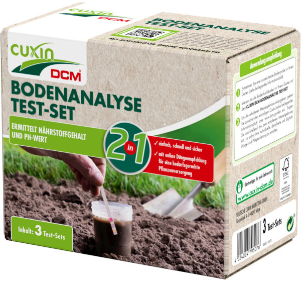 Produktbild des Cuxin DCM Bodenanalyse Test-Sets zur Ermittlung von Nährstoffgehalt und pH-Wert mit einer Darstellung der Verpackung und einer Anwendungsillustration auf Erdboden.