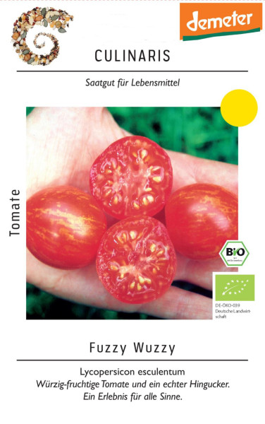 Produktbild von Culinaris BIO Buschtomate Fuzzy Wuzzy mit Tomaten auf einer Hand dargestellt und Verpackungsinformationen inklusive Demeter-Label und Bio-Siegel