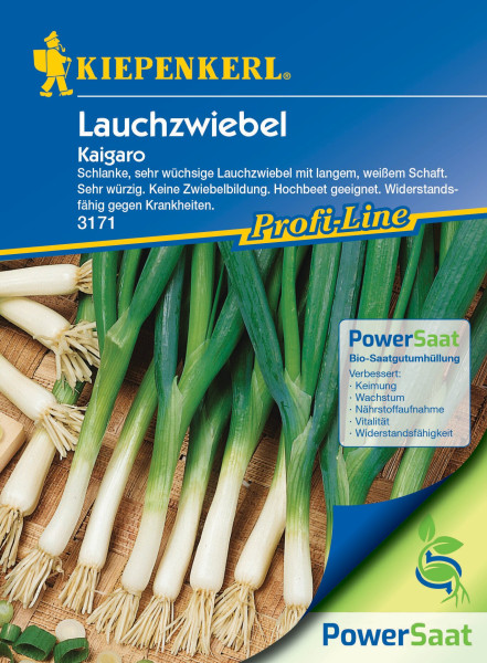 Produktbild von Kiepenkerl Lauchzwiebel Kaigaro PowerSaat mit Darstellung der Pflanzen und Informationen zu den Eigenschaften sowie Logo der Profi-Line Serie.