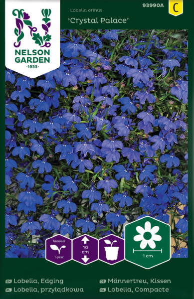 Produktbild von Nelson Garden Maennertreu Crystal Palace mit Abbildung blauer Blueten und Informationen zur Pflanzenart, Pflegehinweisen und Markenlogo.