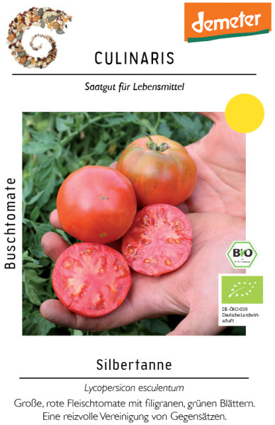 Produktbild von Culinaris BIO Buschtomate Silbertanne mit roten Tomaten und grünen Blättern sowie demeter und BIO Siegeln