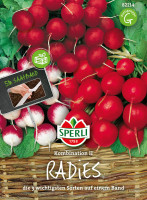 Produktbild von Sperli Radies Kombination II Saatband mit roten und weißen Radieschen und Hinweisen zu den enthaltenen Sorten sowie Sperli Logo und einem... Produktbild von Sperli Radies Kombination II Saatband mit roten und weißen Radieschen und Hinweisen zu den enthaltenen Sorten sowie Sperli Logo und einem Symbolbild für Saatband.