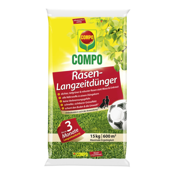 Produktbild von COMPO Rasen-Langzeitdünger in einer 15kg Verpackung mit Informationen zu Anwendung und Wirkungsdauer.