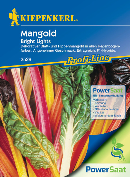 Produktbild von Kiepenkerl Mangold Bright Lights PowerSaat mit Abbildungen von buntem Mangold und Informationen zu biologischer Saatgutumhüllung sowie den Vorteilen für Keimung Wachstum Nährstoffaufnahme Vitalität und Widerstandsfähigkeit.