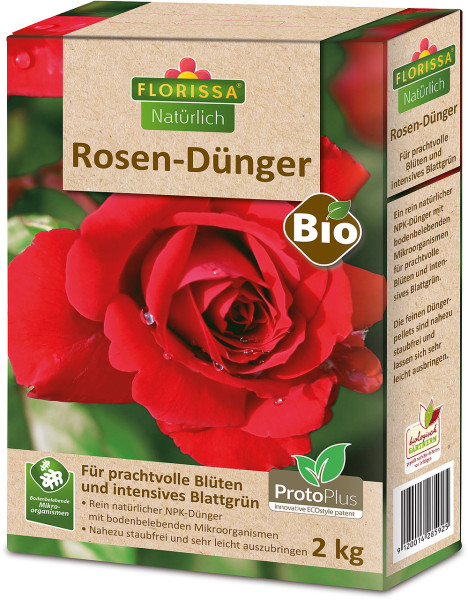 Produktbild von Florissa Natürlich Rosen-Dünger Bio 2kg mit der Darstellung einer roten Rose und Informationen zu den natürlich wirkenden Inhaltsstoffen sowie dem ProtoPlus Siegel.