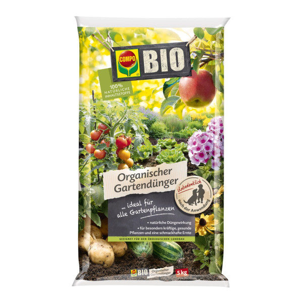 Produktbild des COMPO BIO Organischer Gartendünger in einem 10, 05, kg Beutel mit Abbildungen verschiedener Pflanzen und Hinweisen zur natürlichen Düngewirkung in deutscher Sprache.