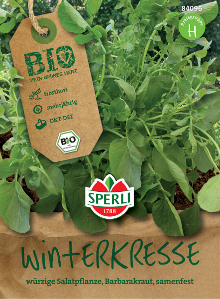 Produktbild von Sperli BIO Winterkresse Verpackung mit Abbildung der Pflanze und Informationen zu Eigenschaften wie frosthart mehrjährig und Aussaatzeit Oktober bis Dezember in deutscher Sprache.