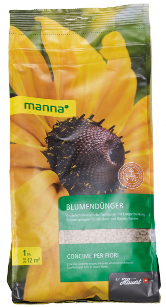 Produktbild von MANNA Blumendünger 1kg Verpackung mit Abbildung einer Sonnenblume und Produktinformationen in deutscher und italienischer Sprache.