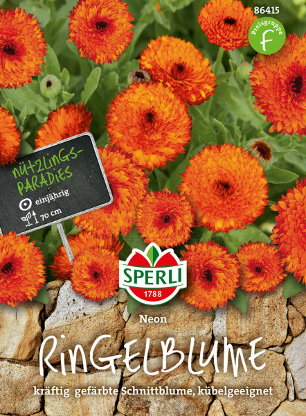 Produktbild von Sperli Ringelblume Neon mit orangefarbenen Blüten und Verpackungsdesign inklusive Markenlogo und Produktinformationen in deutscher Sprache.