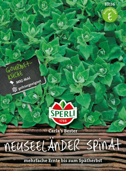 Produktbild von Sperli Spinat Carlas Bester mit Details zum Neuseeländer Spinat Aufführung der Erntezeit von März bis Mai und Hinweis auf die Eignung zum Einfrieren auf deutschem Etikett.