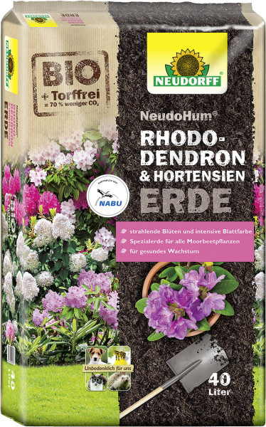 Produktbild der Neudorff NeudoHum Rhododendron- und HortensienErde Verpackung mit Blumenbildern und Hinweisen auf biologische und torffreie Zusammensetzung sowie Umweltverträglichkeit in deutscher Sprache.