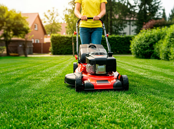large-low-angle-view-of-a-woman-in-a-yellow-t-shirt-mowing-the-lawn-in-a-lush-garden-in-springtime