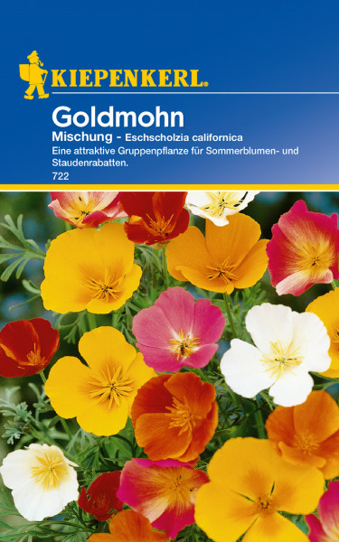 Produktbild der Kiepenkerl Goldmohn Mischung mit Darstellung verschiedenfarbiger Blüten und Verpackungsinformationen auf Deutsch.