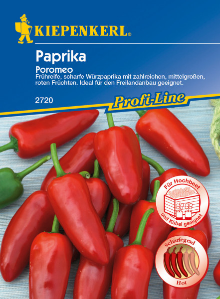 Produktbild von Kiepenkerl Paprika Poromeo mit Darstellung der roten scharfen Würzpaprikafrüchte und Verpackungsinformationen über die Eignung für den Freilandbau, der Profi Line Reihe und den Schärfegrad.