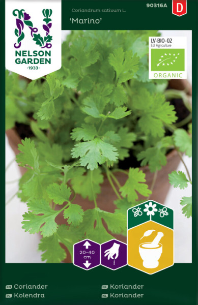 Produktbild von Nelson Garden BIO Koriander Marino mit Pflanzenabbildung und biologischen Kennzeichnungen sowie Informationen zu Pflanzabstand und Ernte auf Deutsch.