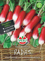 Produktbild von Sperli Radies French Breakfast 3 mit roten und weißen Radieschen auf Rattanuntergrund und Informationen zum Saatgut. Produktbild von Sperli Radies French Breakfast 3 mit roten und weißen Radieschen auf Rattanuntergrund und Informationen zum Saatgut.
