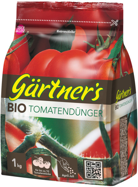 Produktbild von Gaertners Bio Tomatenduenger in einer 1kg Verpackung mit Abbildungen von Tomaten und Hinweisen zur Anwendungsdauer sowie Wiederverschliessbarkeit.