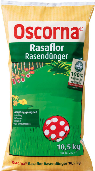 Produktbild von Oscorna-Rasaflor Rasendünger in einer 10, 5, kg Packung mit Hinweisen auf die Eignung für alle Jahreszeiten und 100 Prozent natürliche Rohstoffe