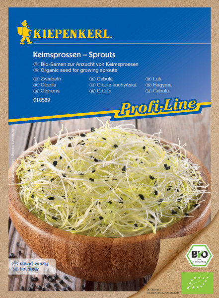Produktbild von Kiepenkerl BIO Keimsprossen Zwiebeln Verpackung mit Bild der Sprossen und Informationen zur Bio-Samen Anzucht in mehreren Sprachen samt Bio-Siegel.