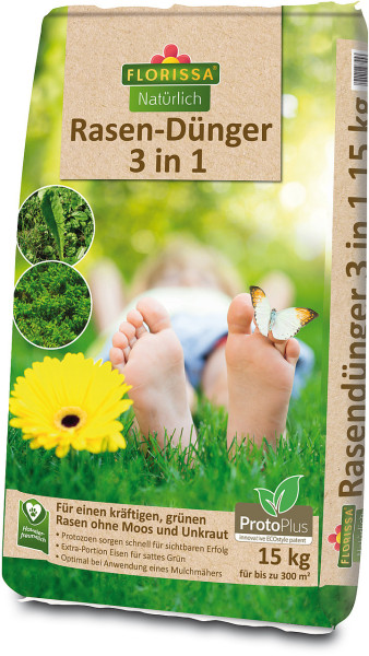 Produktbild von Florissa Rasendünger 3 in 1 Proto Plus 15kg Verpackung mit Anweisungen und Produktvorteilen auf Deutsch, umgeben von Bildern eines Rasens, Blumen und nackten Füßen auf Gras.