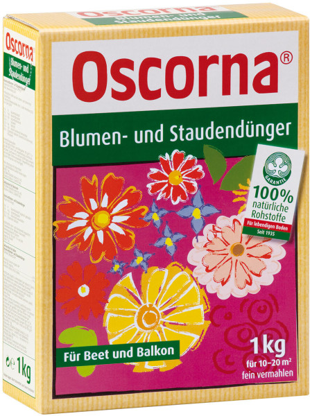 Produktbild von Oscorna-Blumen- und Staudendünger 1kg Packung mit Informationen zu 100 Prozent natürlichen Rohstoffen und Einsatzmöglichkeiten für Beet und Balkon auf Deutsch