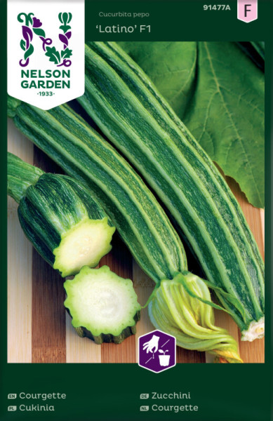 Produktbild von Nelson Garden Zucchini Latino F1 Samenpackung mit Abbildung der Zucchini-Früchte und Blätter auf Holzuntergrund.