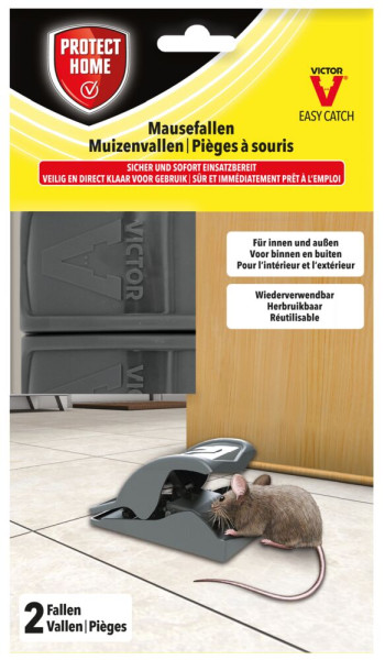 Produktbild von Protect Home Mausefalle Easy Catch 2 Stück mit einer gezeigten Falle und einer Ratte für die Anwendung im Innen- und Außenbereich.