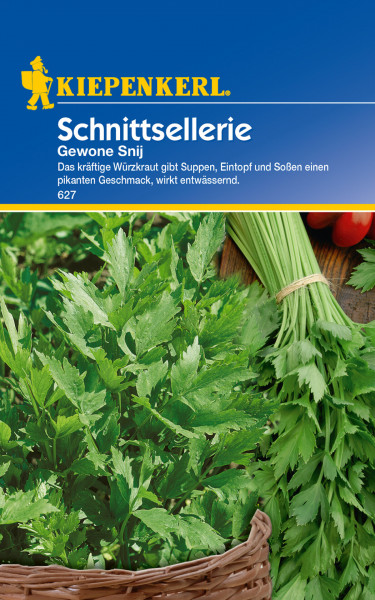 Produktbild von Kiepenkerl Schnittsellerie Gewone Snij mit Darstellung der Pflanze und der Verpackung mit Produktbeschreibung in deutscher Sprache