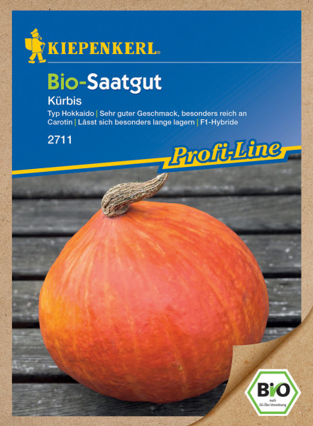 Produktbild von Kiepenkerl BIO Kürbis Saatgut Verpackung für Hokkaido Kürbisse mit Angaben zu Geschmack und Lagerfähigkeit sowie Bio-Siegel.