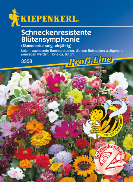 Produktbild von Kiepenkerl Blumenmischung Schneckenresistente Blütensymphonie mit bunten Sommerblumen die weitgehend von Schnecken gemieden werden Verpackungsdesign und Markenlogo