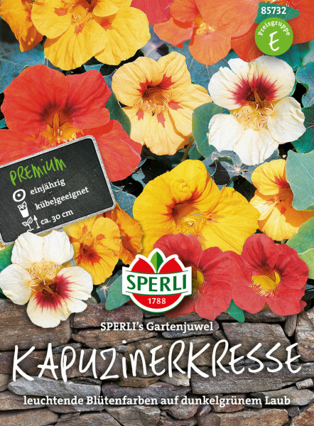 Produktbild von Sperli Kapuzinerkresse SPERLIs Gartenjuwel mit Blüten in verschiedenen Farbtönen und Informationen zu Eigenschaften und Größe auf Deutsch.