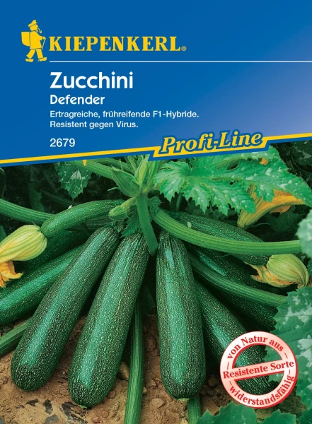 Produktbild von Kiepenkerl Zucchini Defender F1 mit Darstellung der gruenen Zucchini-Pflanze und Fruechten sowie Informationen zu Ertragreichtum und Virusresistenz.