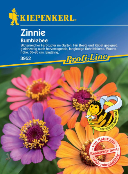 Produktbild von Kiepenkerl Zinnie Bumblebee mit Darstellung von pinken und orangen Blumen sowie Produktinformationen und Logo auf der Verpackung
