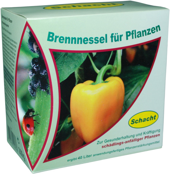 Produktbild von Schacht Brennnessel fuer Pflanzen 200g Verpackung mit Bildern von Pflanzen, einem Marienkaefer und Produktinformationen auf Deutsch.