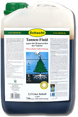Produktbild des Schacht Tannen-Fluid in einem 2, 5, Liter Kanister mit Etikett, Anwendungsanleitung und Markenlogo.