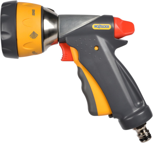 Produktbild einer Hozelock Ultramax Multi Spray Pro Brause in Grau und Gelb mit verschiedenen Sprühfunktionen und ergonomischem Griff.