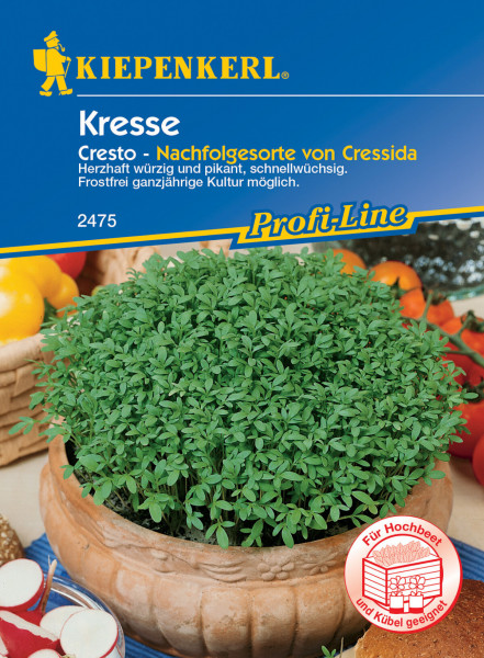 Produktbild von Kiepenkerl Kresse Cresto mit dicht bewachsenem Topf und Beschreibung der Sorte sowie der Eignung für Hochbeet und Kübel auf deutsch