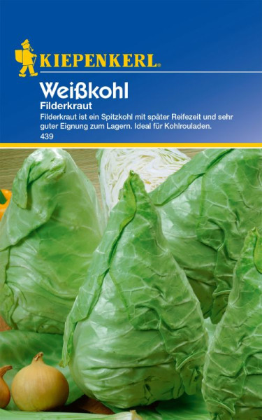 Produktbild von Kiepenkerl Weißkohl Filderkraut mit Darstellung des Kohls und Verpackungsdesign inklusive Markenlogo und Produktbeschreibung in deutscher Sprache.