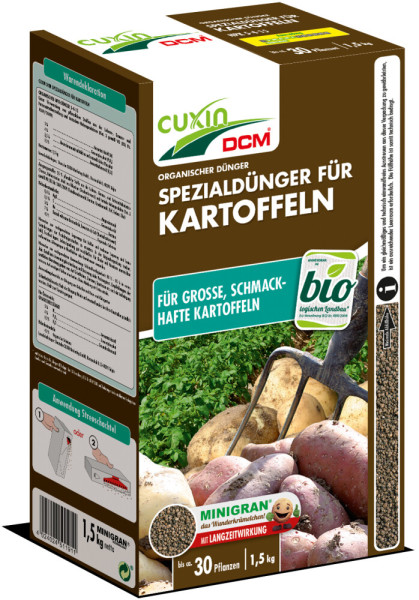 Produktbild von Cuxin DCM Spezialdünger für Kartoffeln Minigran in einer 1, 5, kg Streuschachtel mit Darstellung von Kartoffeln und Informationen zu Bio-Qualität und Langzeitwirkung.