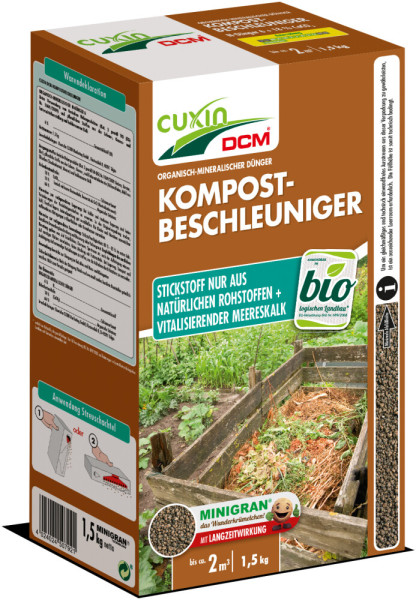 Produktbild von Cuxin DCM Kompostbeschleuniger Minigran in einer 1, 5, kg Streuschachtel mit Informationen zu Inhaltsstoffen und Anwendungshinweisen sowie einem Bild eines Komposthaufens.