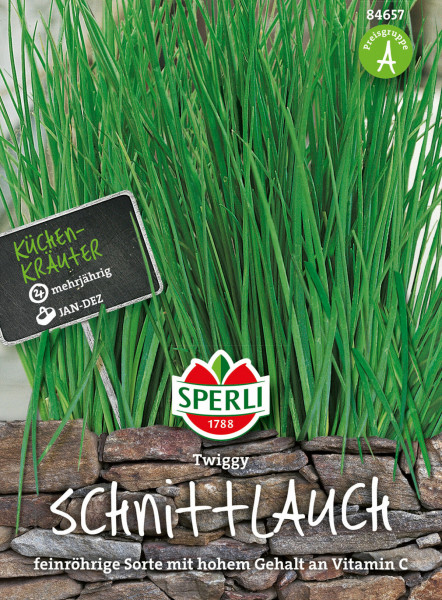 Produktbild von Sperli Schnittlauch Twiggy mit grünen Pflanzen und Verpackungsdesign das Anbauinformationen und das Sperli Logo zeigt.